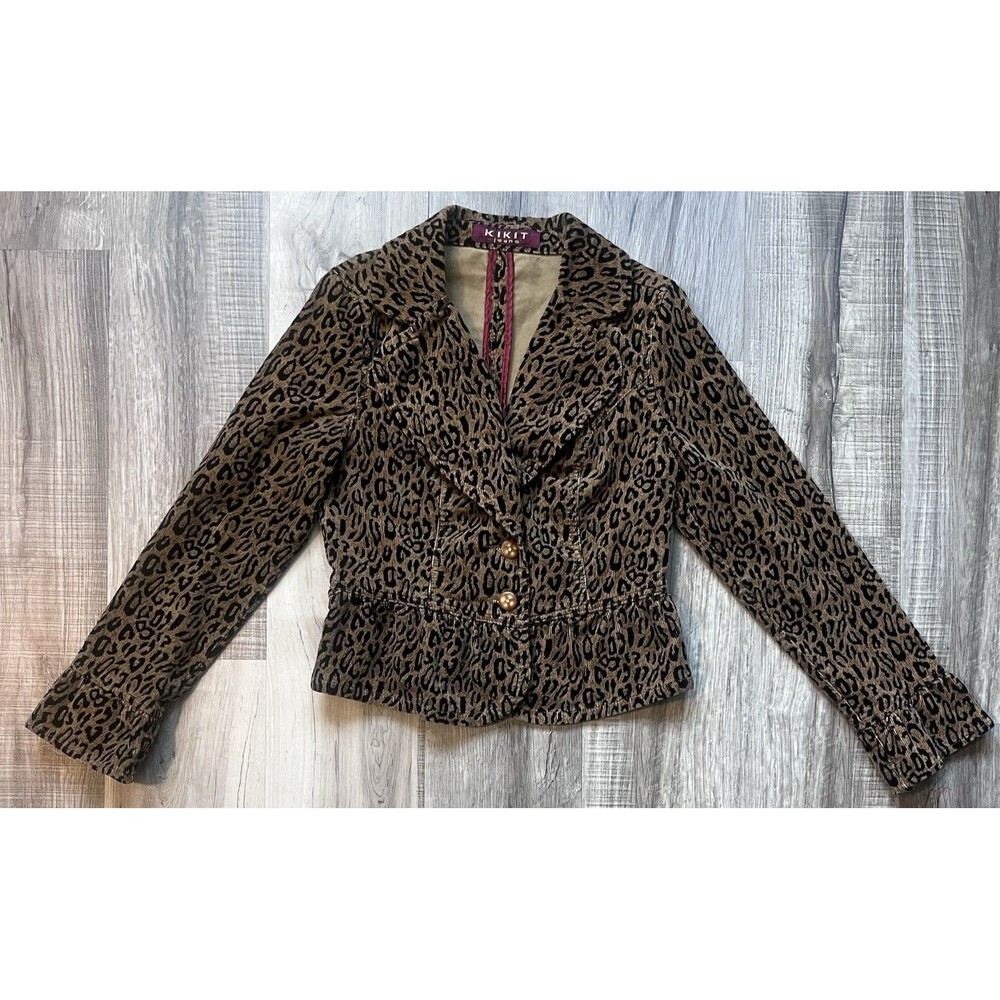 Kikit Jeans Sz Medium Y2K Leopard Print Ruffled Hem Cropped Jacket Blazer Button